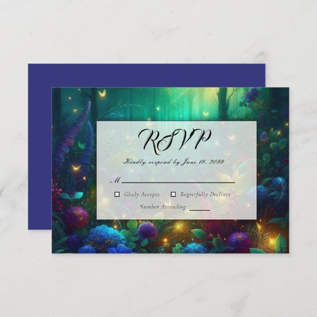 Cartão RSVP Floresta Encantada de Casamento de Joias Radiantes (Frente/Verso)