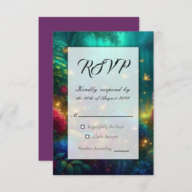 Cartão RSVP Floresta Encantada de Joias Radiantes (Frente/Verso)