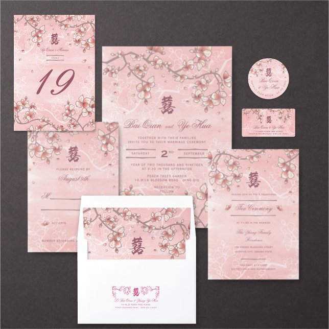 Cartão RSVP Floresta Romântica Floresta Asiática Casamento de  (ETERNAL LOVE PINK PEACH/PLUM BLOSSOMS ELEGANT FLORAL CHINESE WEDDING COLLECTION @ fatfatin_red_knot)