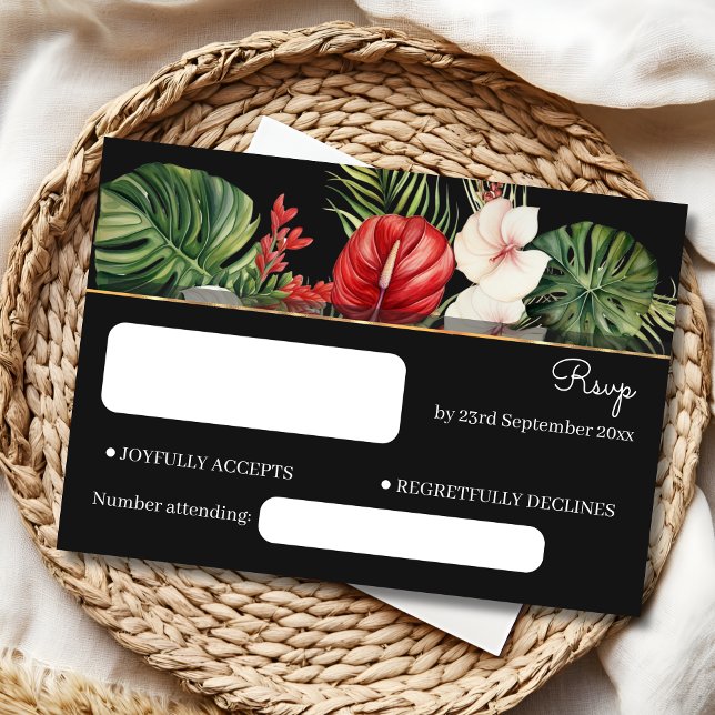 Cartão RSVP Floresta tropical e folhas de casamento escuro (Criador carregado)