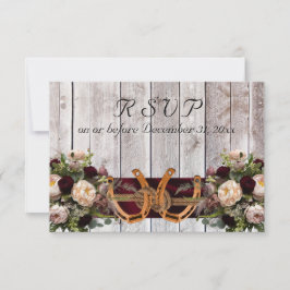 Cartão RSVP Flowers & Horseshoes, Burgundy Ribbon