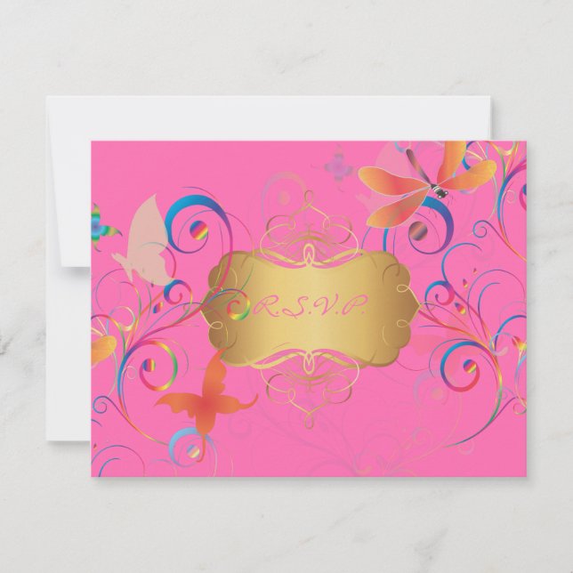 Cartão RSVP Flutuando por... mosca dragão+borboletas+rochedos (Frente)