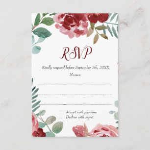 Cartão RSVP Folha cor-de-rosa floral de Borgonha que Wedding