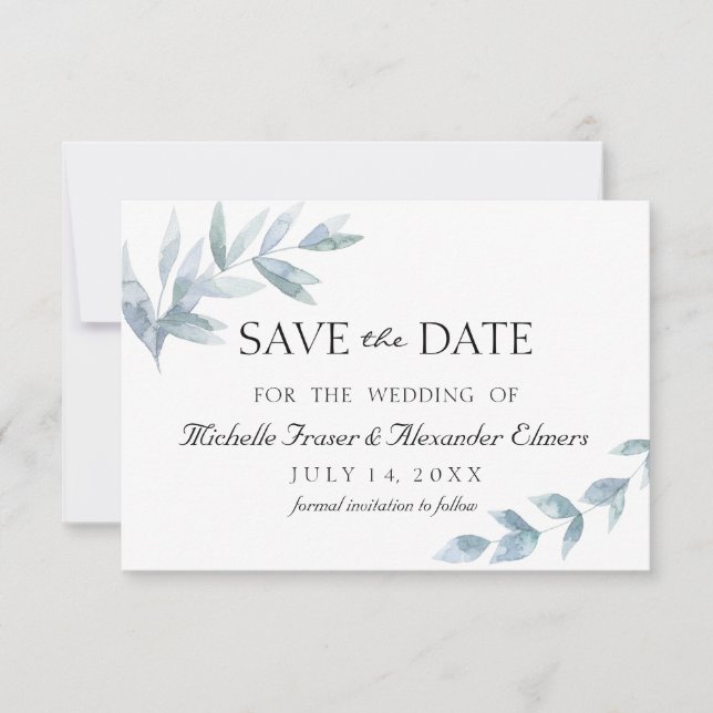 Cartão RSVP Folha de aguarela elegante, save the date botânico (Frente)