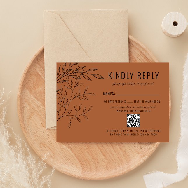 Cartão RSVP Folhagem Delicada | Terracotta | Casamento com Sit (Criador carregado)