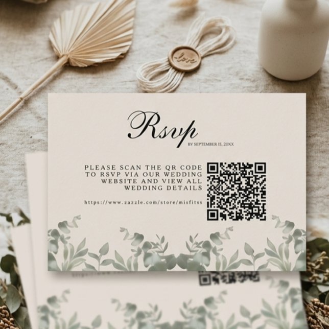 Cartão RSVP Folhas de Eucalipto Boho com código QR Casamento (Criador carregado)