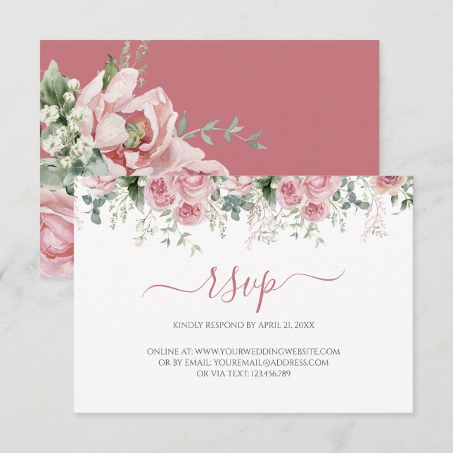 Cartão RSVP Folhas de Eucalipto Elegantes Verde Dourado Casame (Frente/Verso)