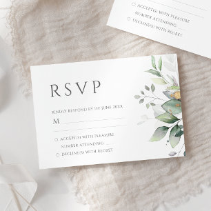 Cartão RSVP Folhas de Eucalipto Elegantes Verde Dourado Casame