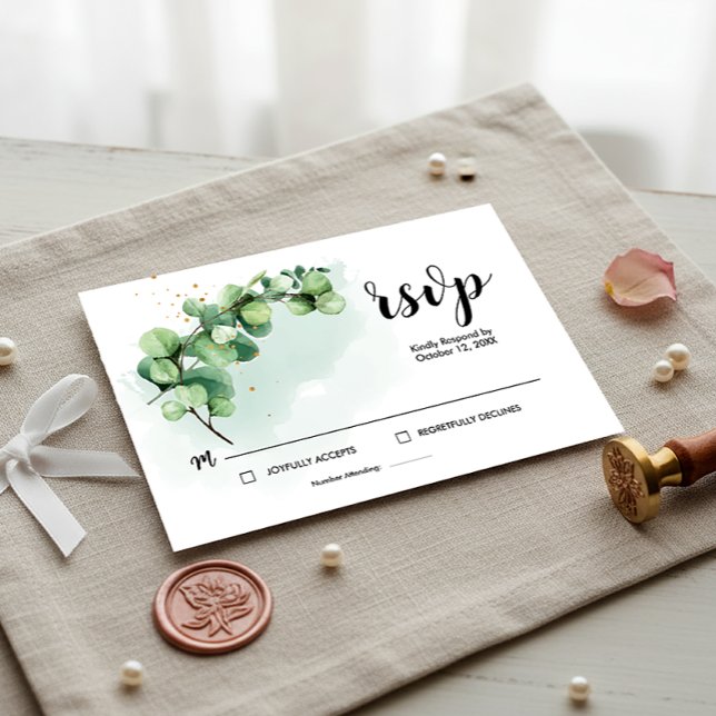 Cartão RSVP Folhas de Eucalipto Elegantes Verdes Casamento RSV (RSVP Card Wedding Eucalyptus Watercolor Elegant, Eucalyptus Invitation)
