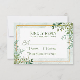 Cartão RSVP Folhas de folhagem verde em aquarela casamento rsv