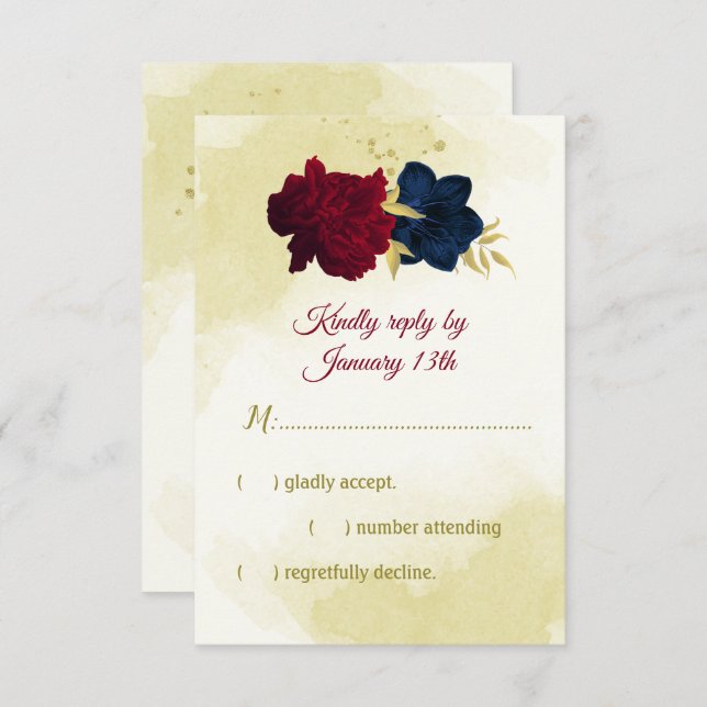 Cartão RSVP Folhas de ouro de flores marinhos (Frente/Verso)