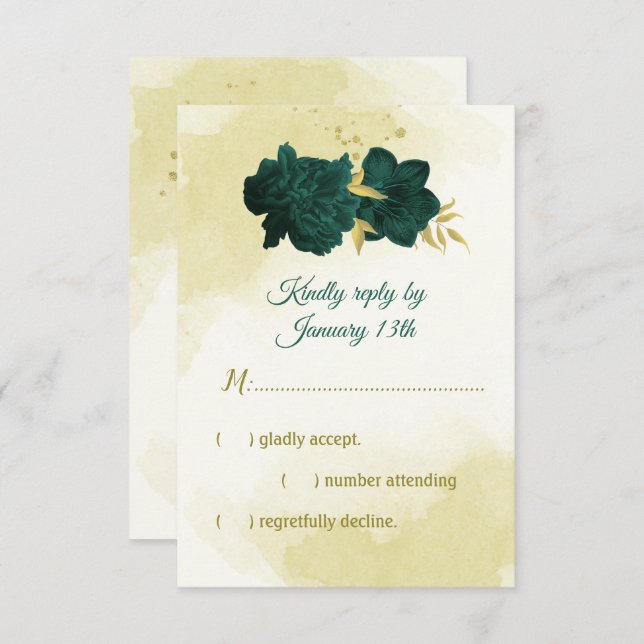 Cartão RSVP Folhas de ouro de flores verdes meraldas (Frente/Verso)