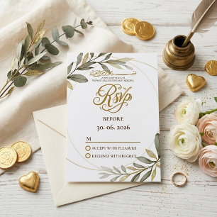Cartão RSVP Folhas de Ouro Elegância Casamento Muçulmano Nikah