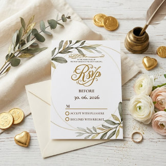 Cartão RSVP Folhas de Ouro Elegância Casamento Muçulmano Nikah