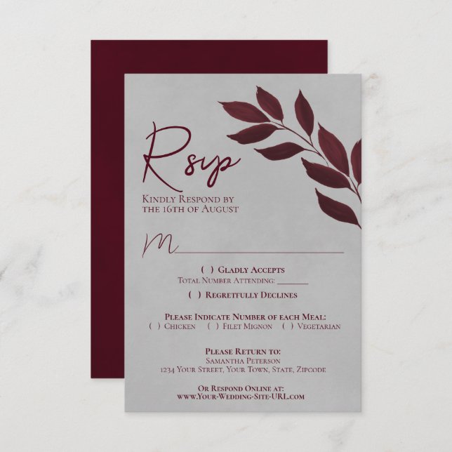 Cartão RSVP Folhas Nostálgicas Burgundy e Cinza Casamento com  (Frente/Verso)