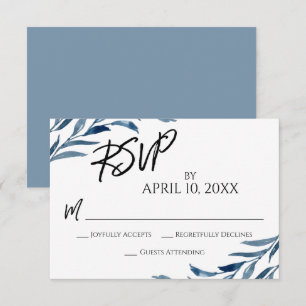 Cartão RSVP Folhas Pintadas Azul De Script De Manuscrito Casua