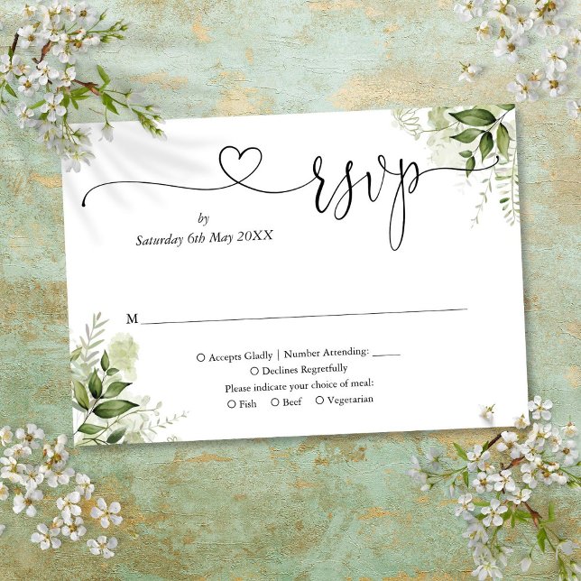 Cartão RSVP Folhas Verdes Elegantes Coração em Roteiro (Greenery Leaves Elegant Script Heart RSVP Card)