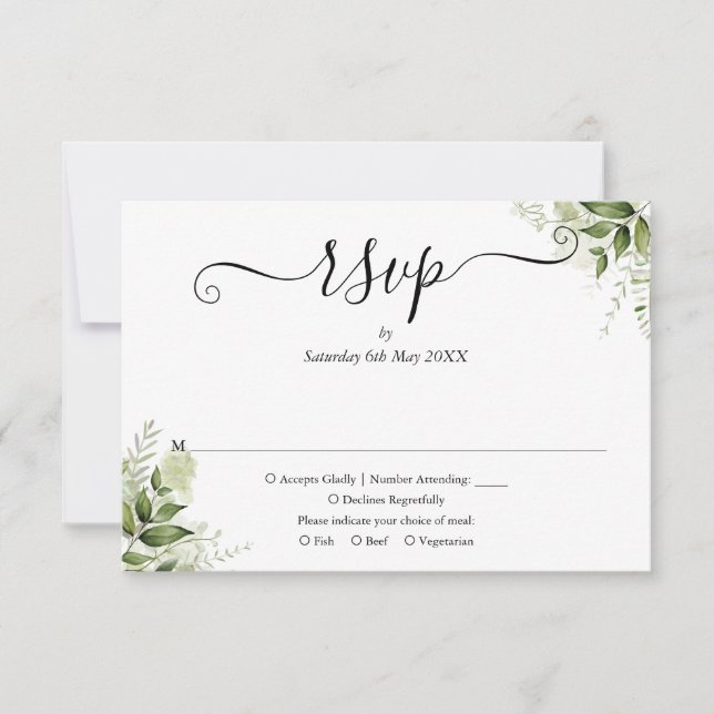Cartão RSVP Folhas Verdes Escrito Elegante Casamento (Frente)