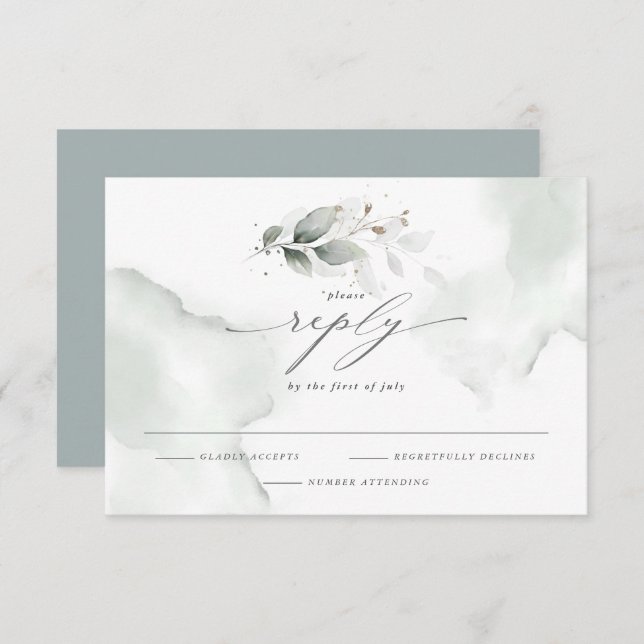 Cartão RSVP Foliage de aquarela elegante verde poeirento (Frente/Verso)