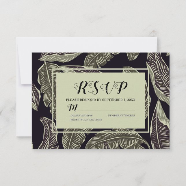 Cartão RSVP Foliage tropical Sage Green Black Script (Frente)