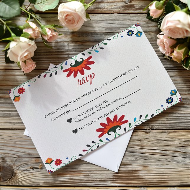 Cartão RSVP Folk Art Floral Botanical Fiesta Spanish Wedding (Folk Art Floral Botanical Fiesta Spanish Wedding RSVP Card)