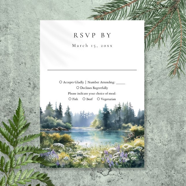 Cartão RSVP Forest Lakeside Wildflowers Floral Wedding (Forest Lakeside Wildflowers Floral Wedding RSVP Card)