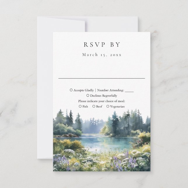 Cartão RSVP Forest Lakeside Wildflowers Floral Wedding (Frente)