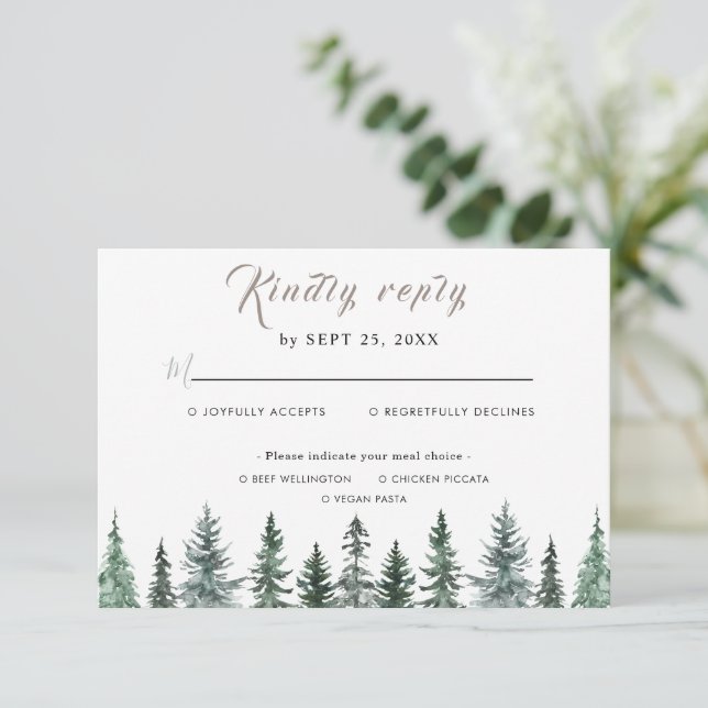 Cartão RSVP Forest Wintre Watercolor Wedding (Em pé/Frente)
