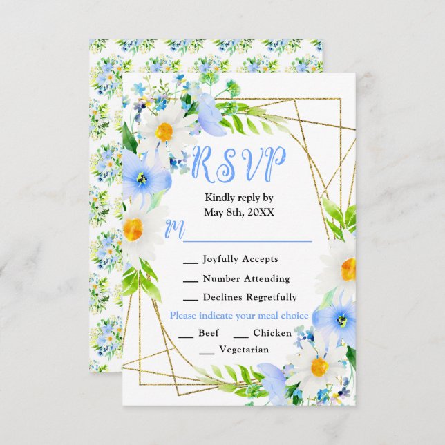 Cartão RSVP Forget Me Nots and Daisies Wedding (Frente/Verso)