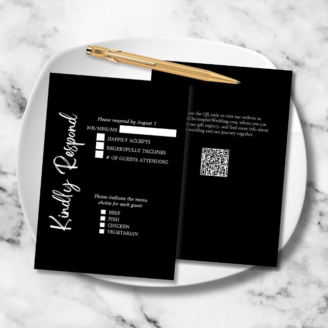 Cartão RSVP Formal de Casamento de Script Negrito Elegante Bra (Black and White Elegant Kindly Respond Wedding RSVP Card with Menu Selections, QR Code, Website.)