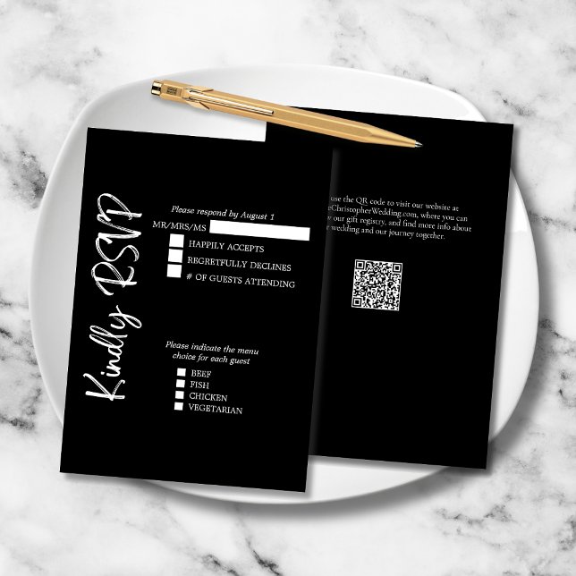 Cartão RSVP Formal de Casamento de Script Negrito Elegante Bra (Black and White Elegant Vertical Script Wedding RSVP with Menu Choices, QR Code, Website.)