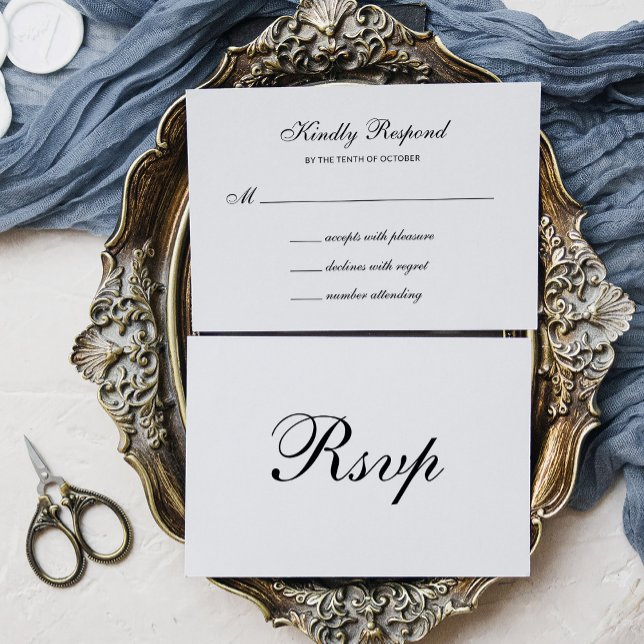 Cartão RSVP Formal e Clássico | Casamento Preto e Branco (Criador carregado)