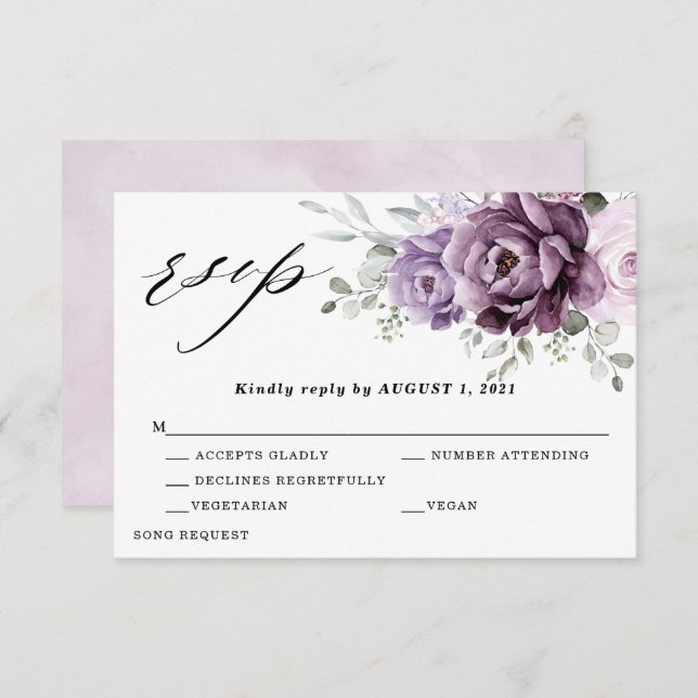 Cartão RSVP Formas de Casamento Floral Moody Blooms Roxo Dusty (Frente/Verso)