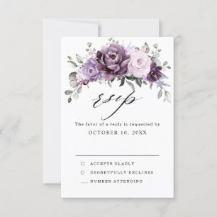 Cartão RSVP Formas de Casamento Floral Moody Blooms Roxo Dusty