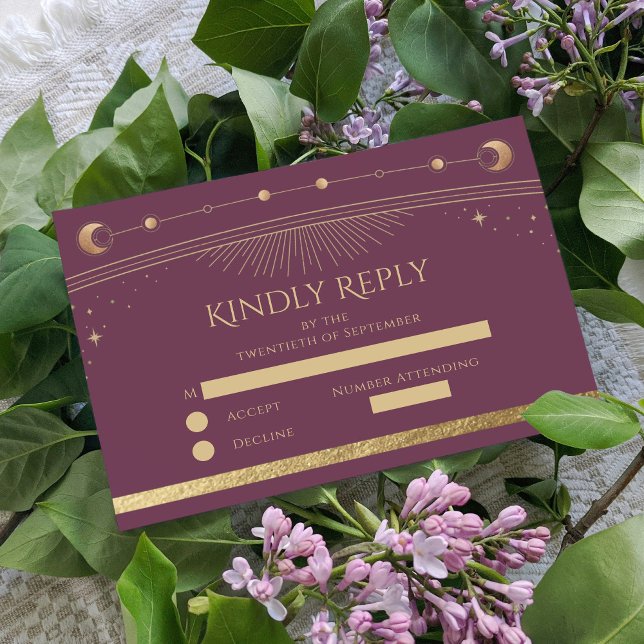 Cartão RSVP Formas de Lua Solar Dourada Celestial Casamento (Criador carregado)