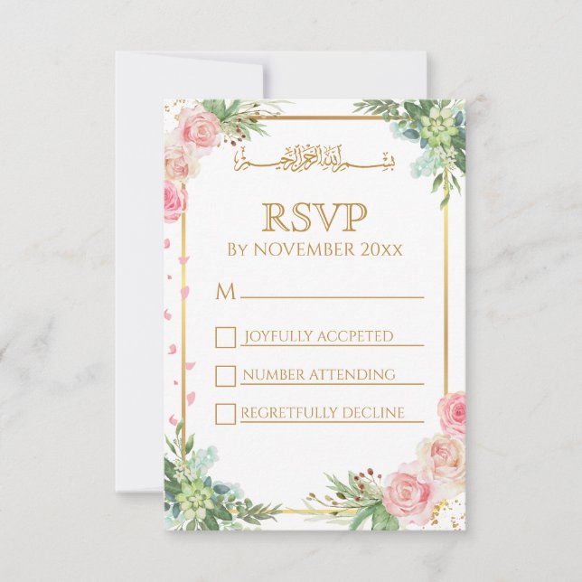 Cartão RSVP Frame Dourado islâmico casamento muçulmano (Frente)