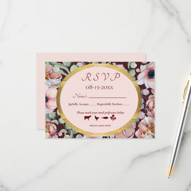 Cartão RSVP Frames Geométricos Florais Do Anêmono Rosa Elegant (Frente/Verso In Situ)