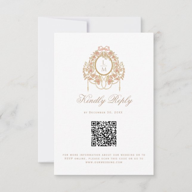 Cartão RSVP French Rococo Rose Monogram Wedding QR Code (Frente)