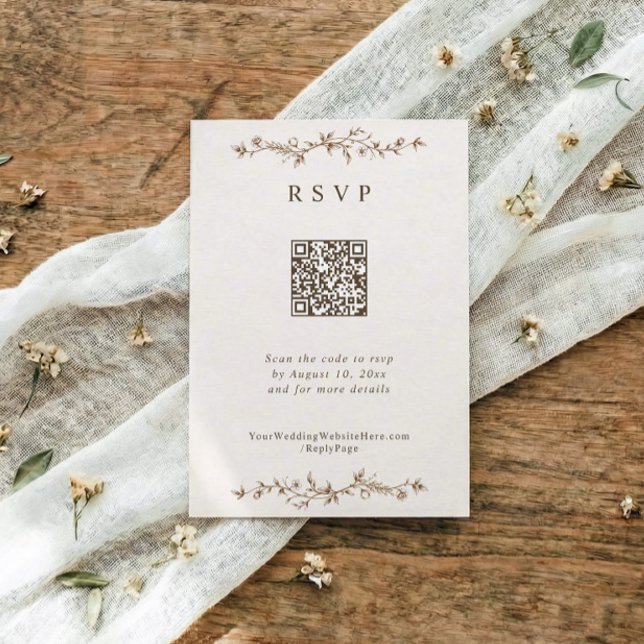 Cartão RSVP French Vintage Floral Brown Wedding (Elegant brown wedding QR RSVP card with Victorian floral chinoiserie toile de jouy frame)
