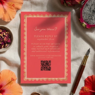 Cartão RSVP Fronteira de vieira tropical rosa casamento QR