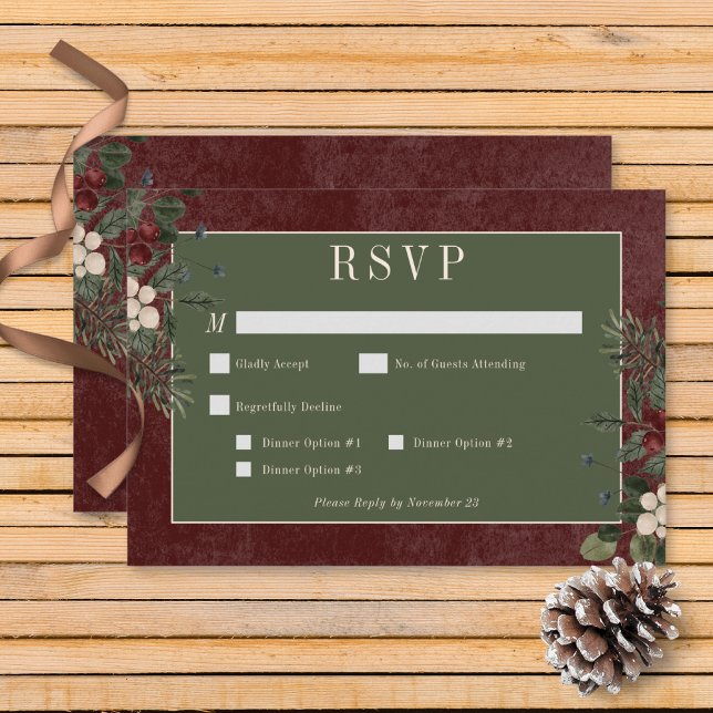 Cartão RSVP Frutas Vermelhas e Pinheiro Rústicos Jantar Borgon (Rustic Winter Berries & Pine Burgundy Wedding Wedding Response Card with Dinner Options)
