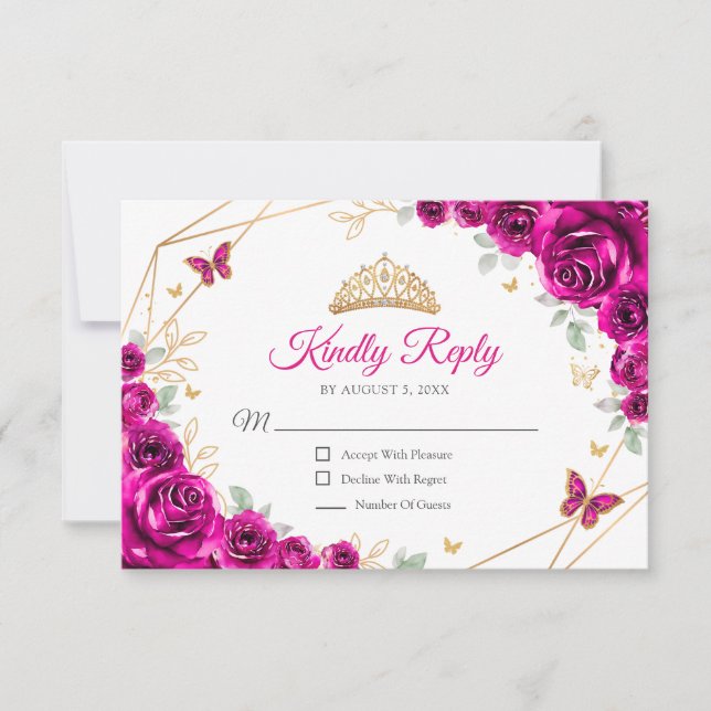 Cartão RSVP Fuchsia Pink Gold Floral Quinceanera Reply (Frente)
