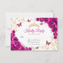 Cartão RSVP Fuchsia Pink Gold Floral Quinceanera Reply