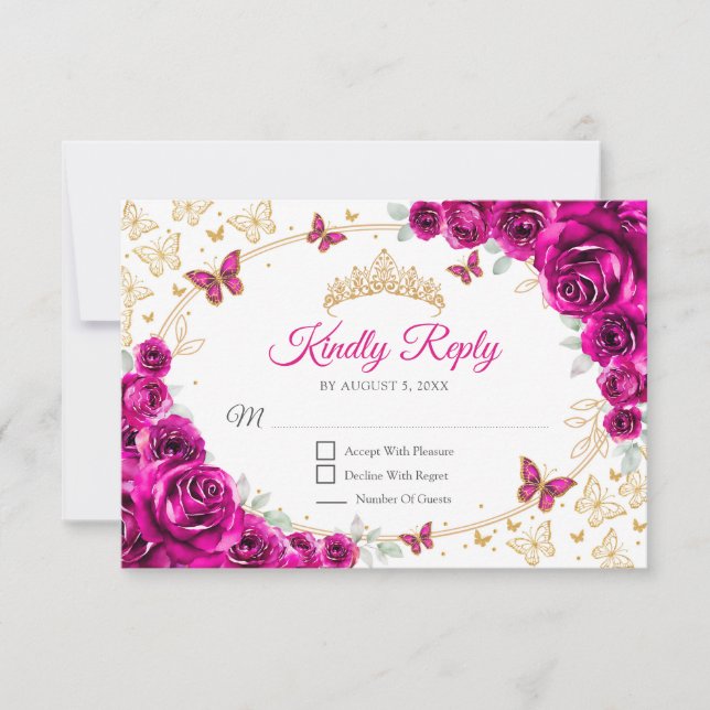 Cartão RSVP Fuchsia Pink Gold Floral Quinceanera Reply (Frente)