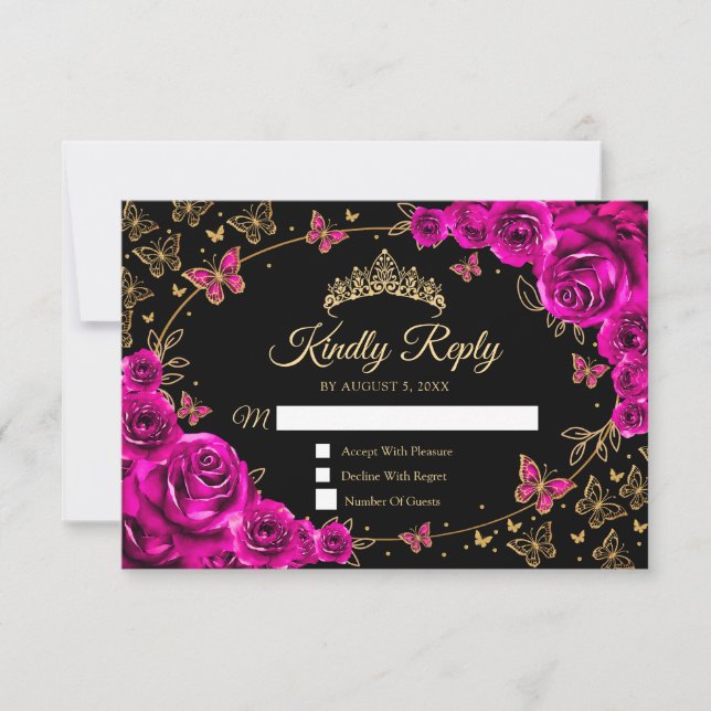 Cartão RSVP Fuchsia Pink Gold Quinceanera Reply (Frente)