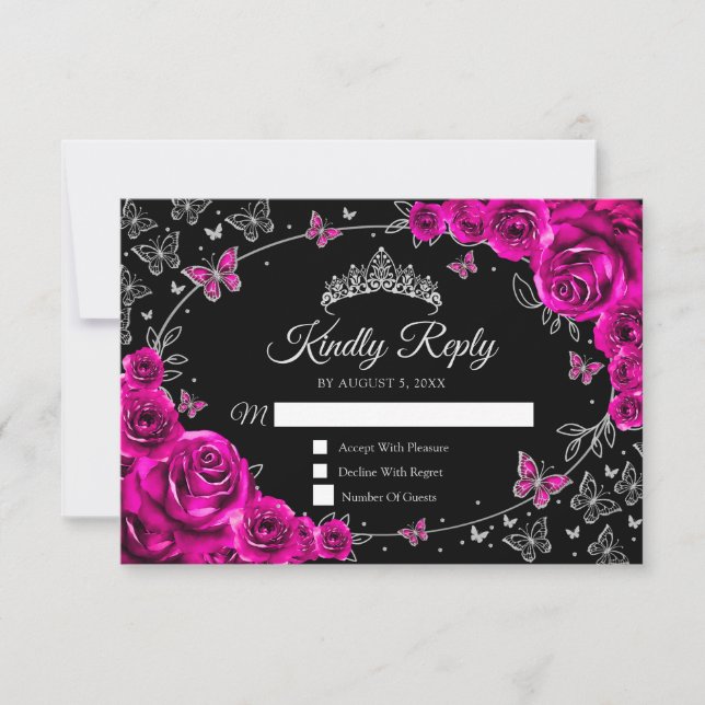 Cartão RSVP Fuchsia Pink Silver Quinceanera Reply (Frente)