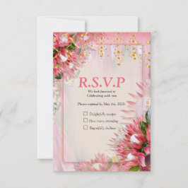 Cartão RSVP Fuchsia Protea com fitas Blush e Douradas