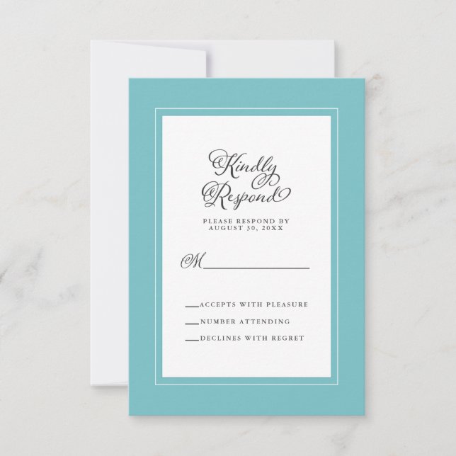 Cartão RSVP Gabinete de Casamento Elegante Aqua e Branco (Frente)
