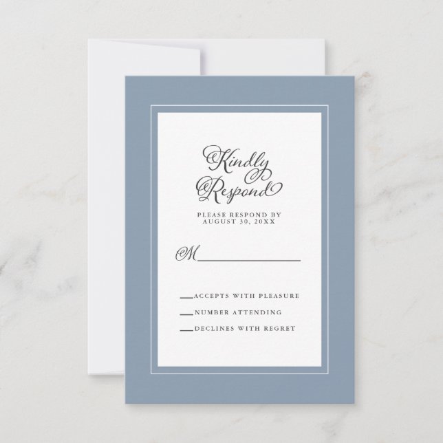 Cartão RSVP Gabinete de Casamento Elegante Azul e Branco (Frente)