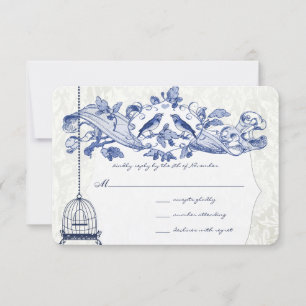 Cartão RSVP Gaiola de Pássaros Azul Naval Carvalho Vintage Cas